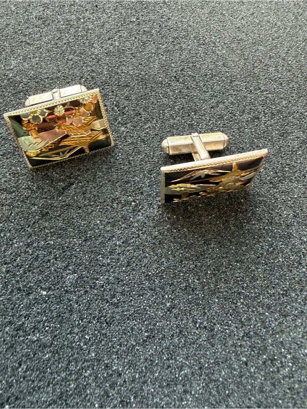Vintage Damascene Sterling Silver and 14k Gold Inlay Cufflinks